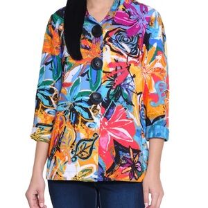 Ali Miles Printed Woven Jacket Abstract Floral Button Front Size Large